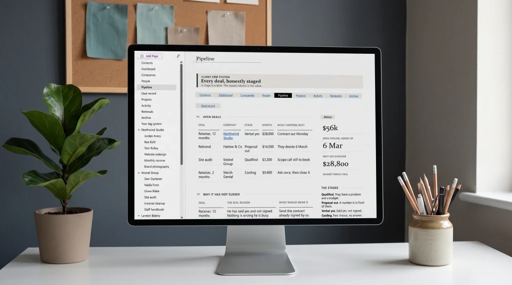 The pipeline page of our OneNote Client CRM System on a monitor in a small studio