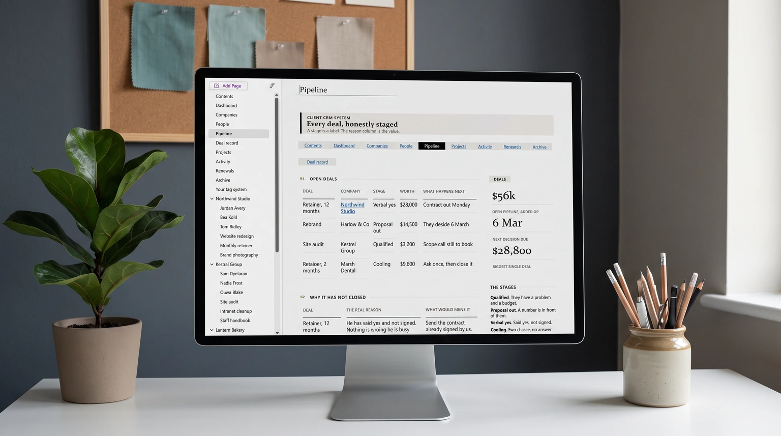 The pipeline page of our OneNote Client CRM System on a monitor in a small studio