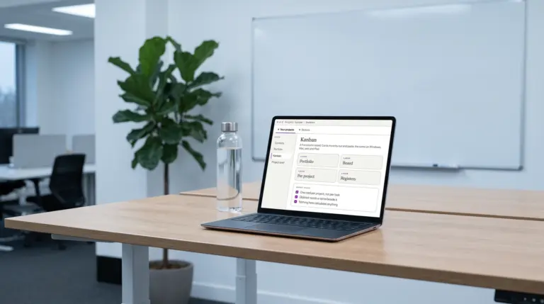 升降桌上的笔记本电脑里，我们的 OneNote 项目系统看板页