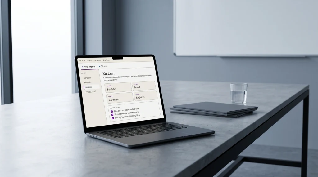 The Kanban page of our OneNote Project System on a laptop in a meeting room