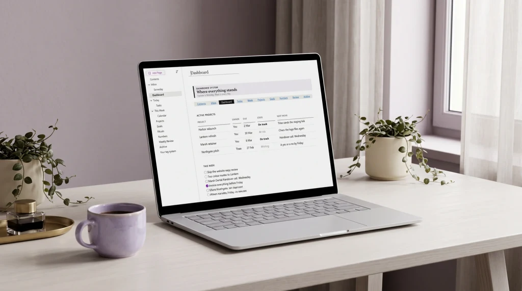 The dashboard page of our OneNote templates for work on a laptop in a home office