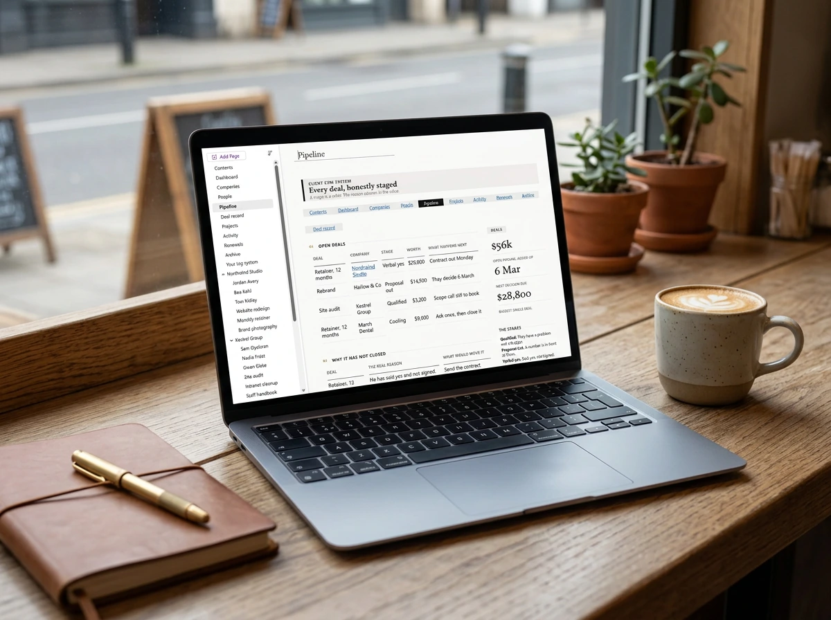 Die Pipeline-Seite unseres OneNote-Systems für Kunden-CRM auf einem Laptop in einem Café