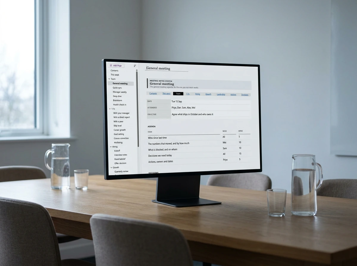 Eine allgemeine Besprechungsseite aus unserem OneNote-System für Besprechungsnotizen auf einem Monitor in einem Besprechungsraum