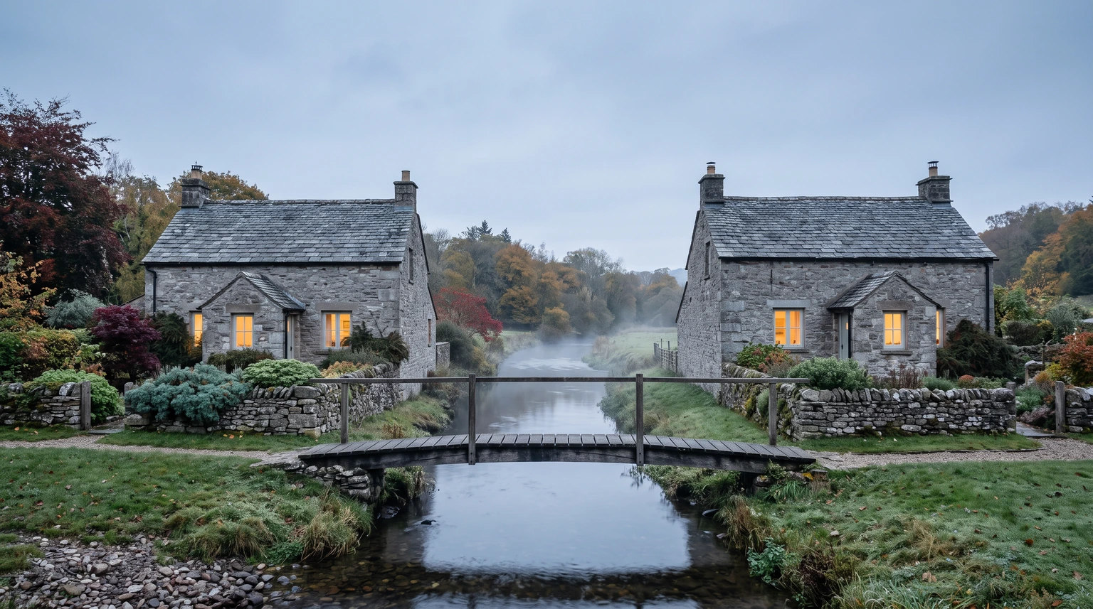 Two stone cottages on opposite banks of a river, joined by a single narrow footbridge
