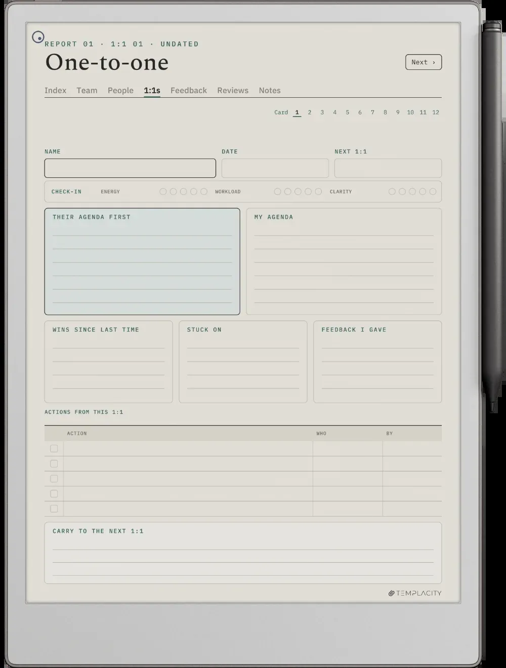 The one-to-one page of our People Manager Planner on a reMarkable Paper Pro: their agenda first, my agenda, wins, stuck on, feedback given and actions with a name and a date