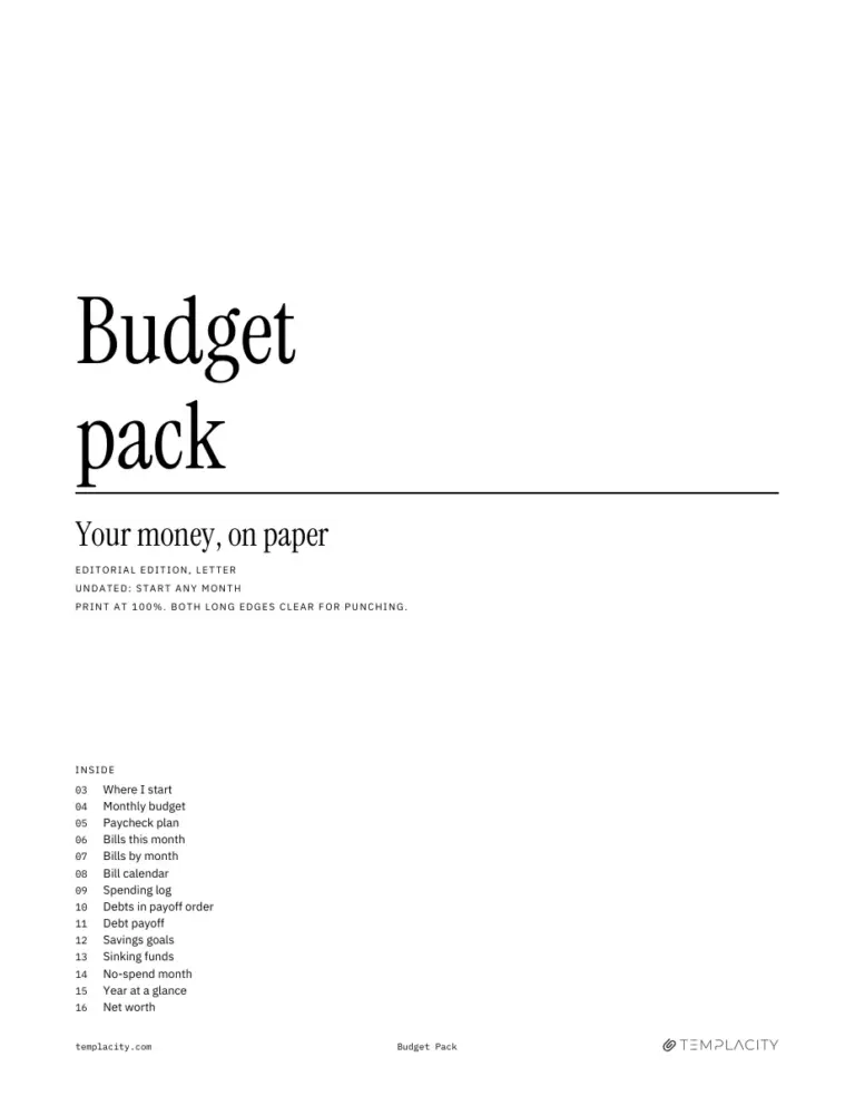 Cover des druckbaren Budget Pack, Editorial-Design
