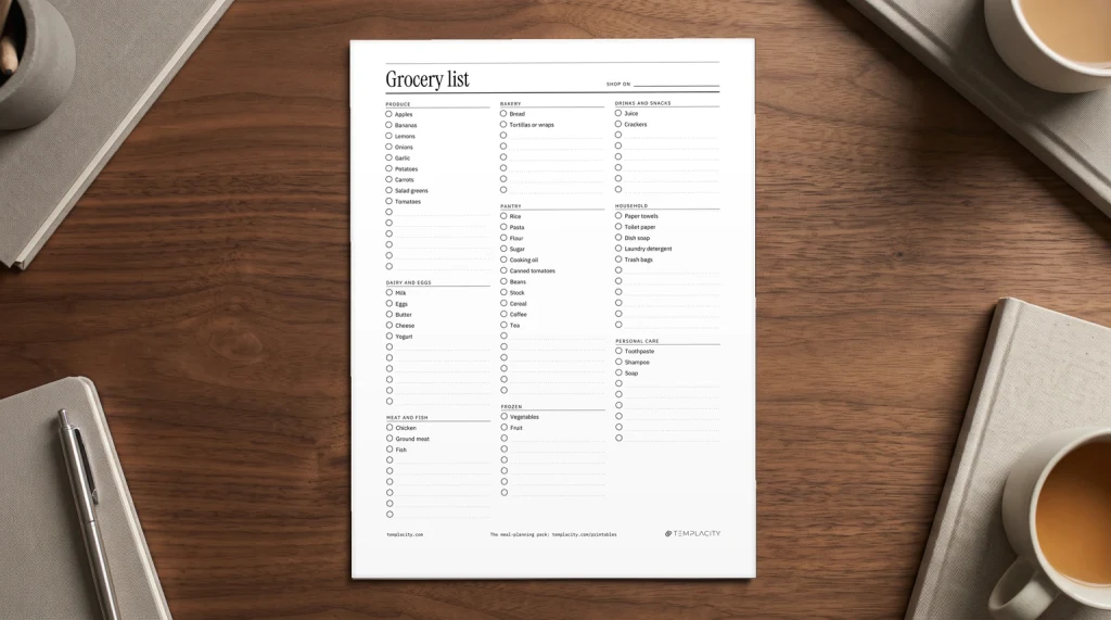 Our free printable grocery checklist on a desk: produce, dairy, pantry and household lists with tick boxes, printed on US Letter