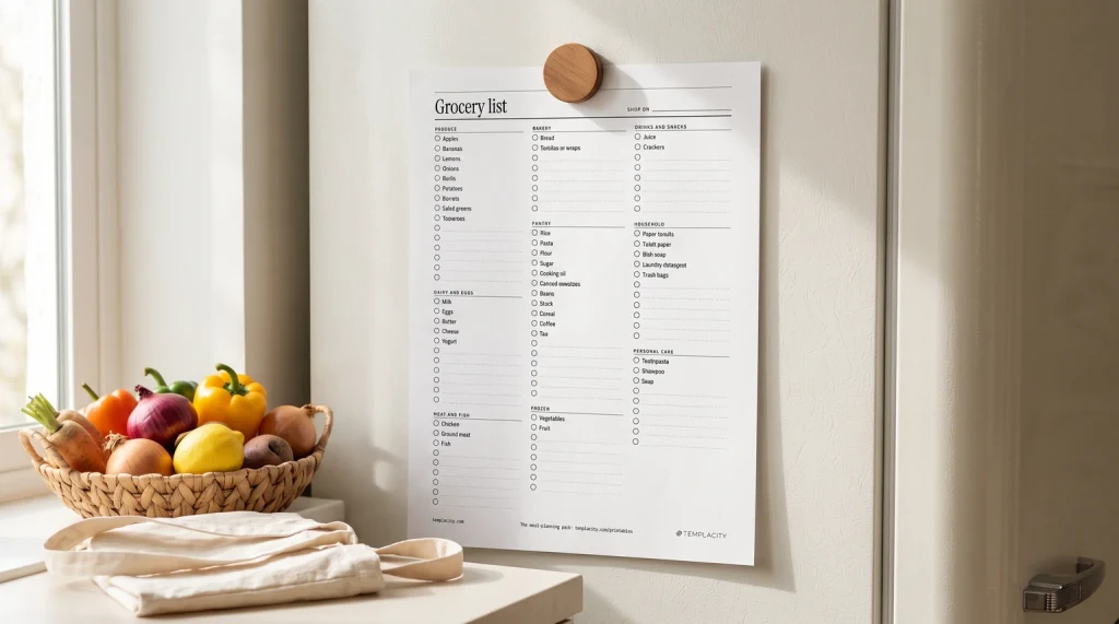 Our free printable grocery checklist held to a fridge door by a magnet