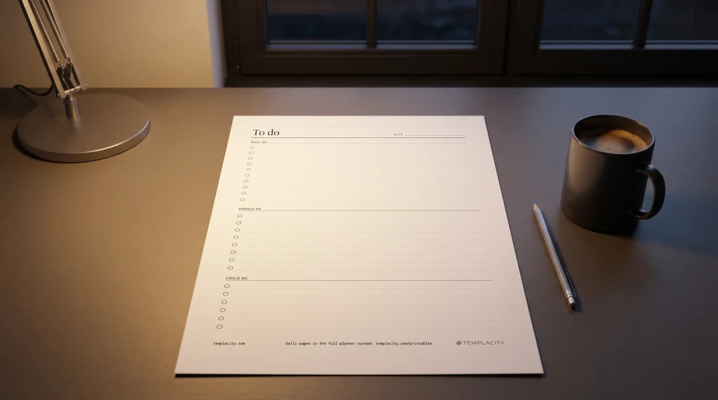 Our free printable to do checklist on a desk at night under a lamp