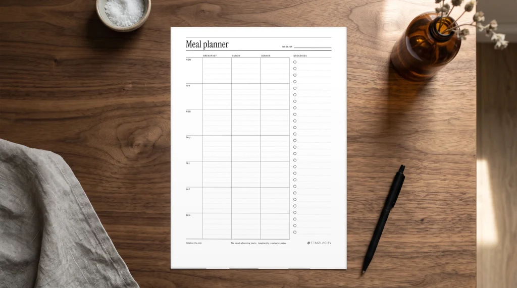 Our free printable weekly meal planner on a desk: breakfast, lunch and dinner for each day and a grocery list, printed on US Letter