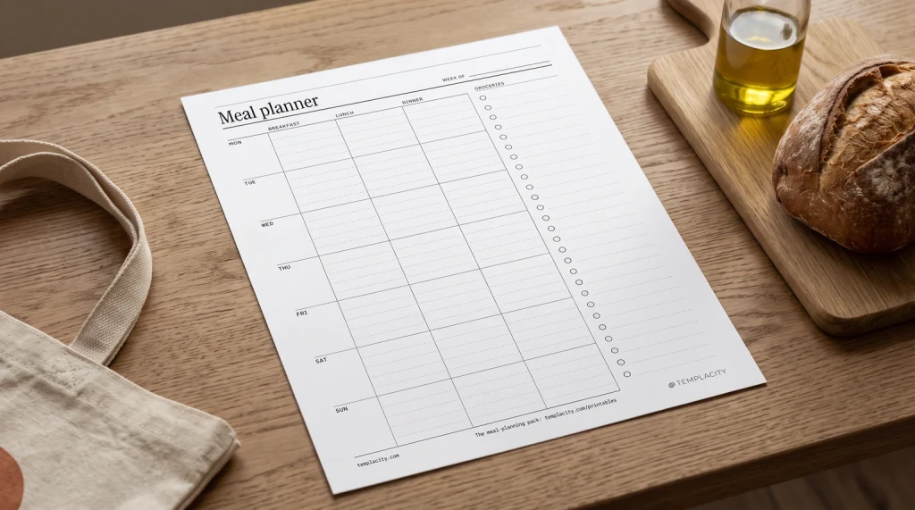 Our free printable weekly meal planner on a kitchen table beside fresh bread