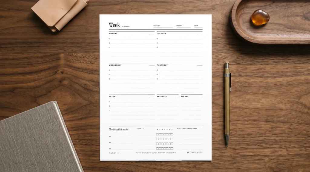 Our free printable weekly planner on a desk: seven days, the three that matter, habits and notes, printed on US Letter