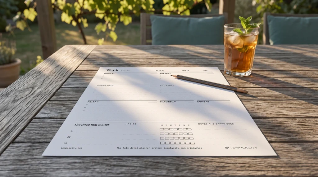 Our free printable weekly planner on a garden table under a pergola