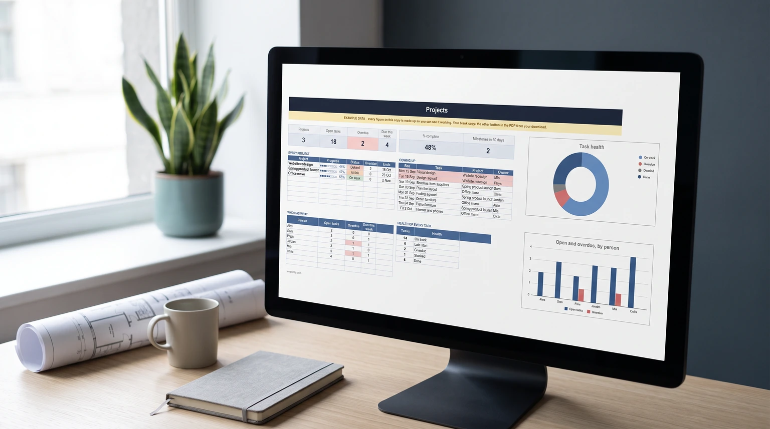 The Projects dashboard of our Project Tracker with Gantt Chart spreadsheet on a desktop monitor in a studio office