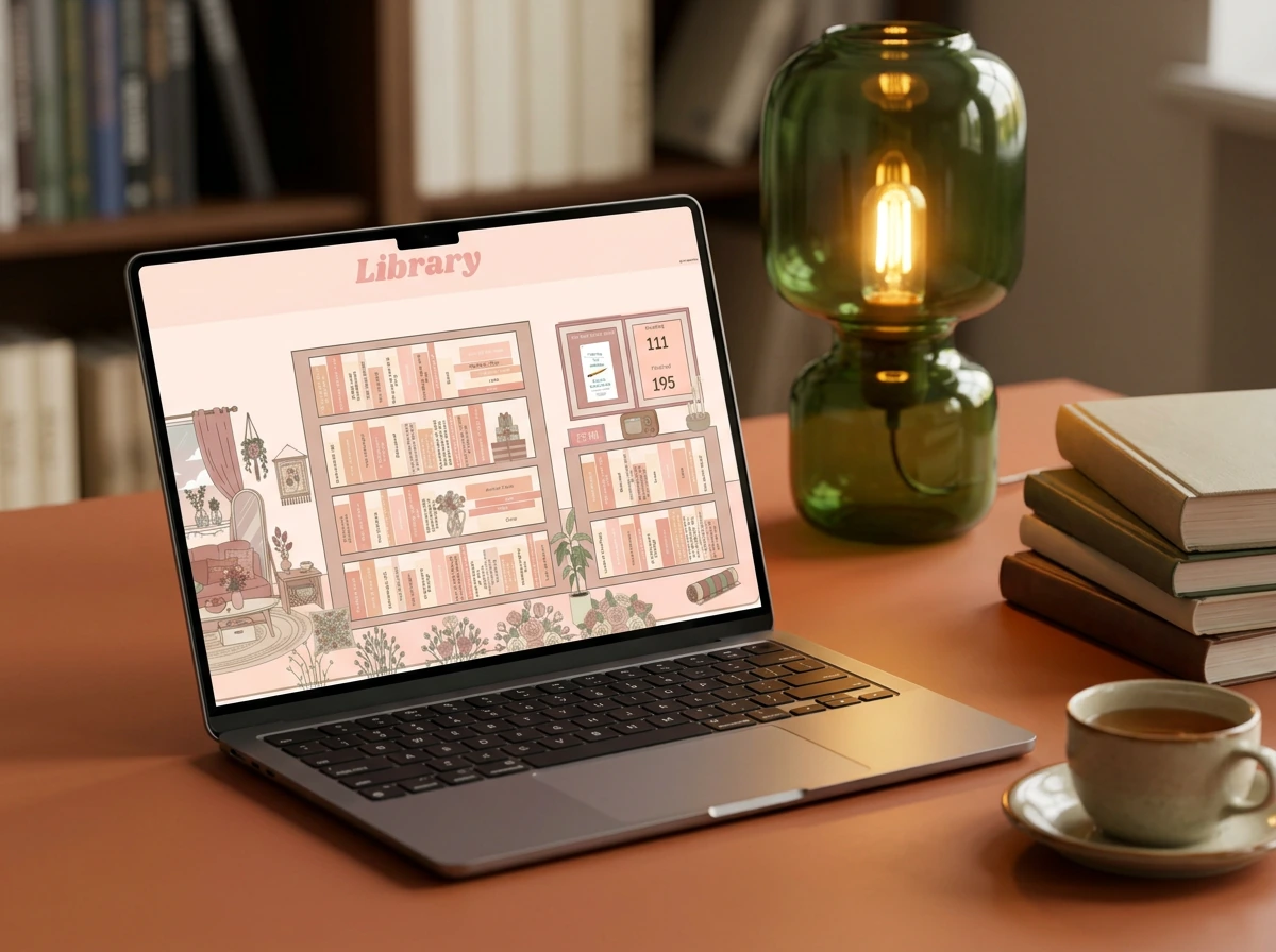 The library dashboard of our reading tracker spreadsheet on a laptop beside a stack of books