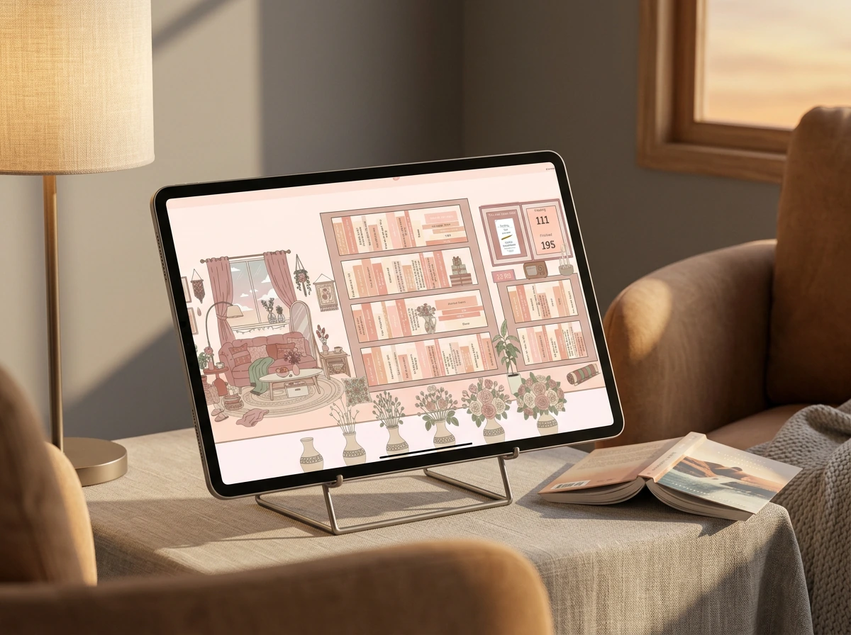 A reading tracker spreadsheet built in Google Sheets on a tablet beside an armchair