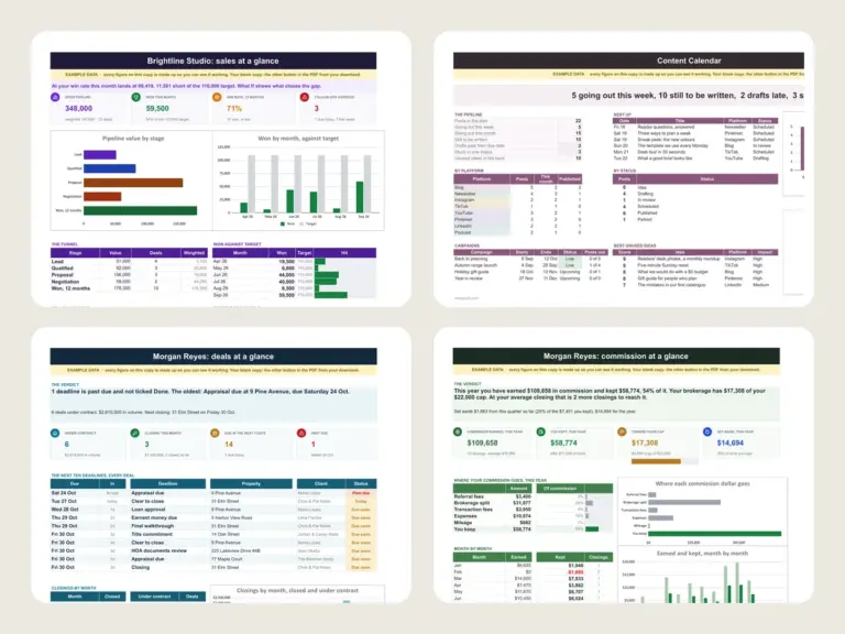 The sales CRM, content calendar, transaction timeline and commission tracker dashboards from the Real Estate Agent Spreadsheet Kit