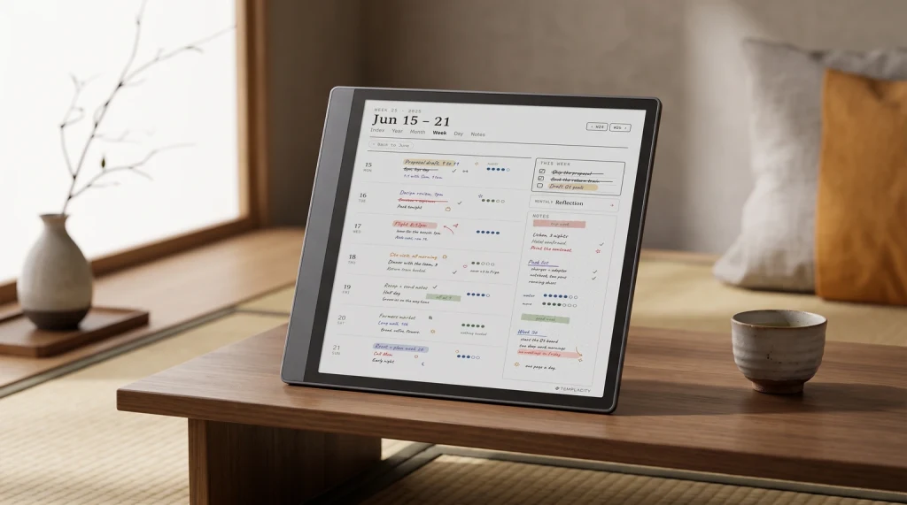 The Planner week page on a reMarkable Paper Pro on a low wooden table