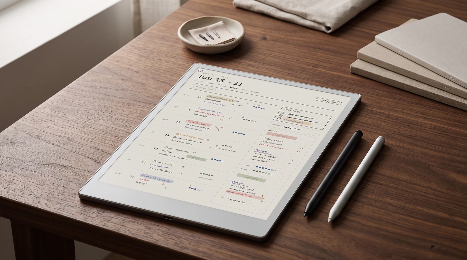 A reMarkable tablet on a walnut desk with a gray Marker and a black Marker Plus side by side
