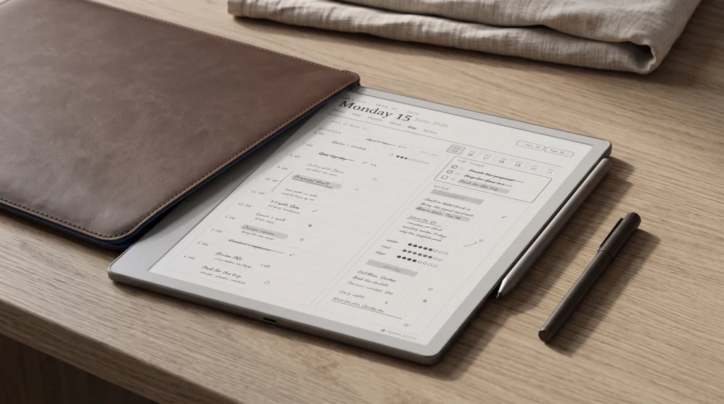 A reMarkable Paper Pure half slid out of a brown leather sleeve case on an oak desk