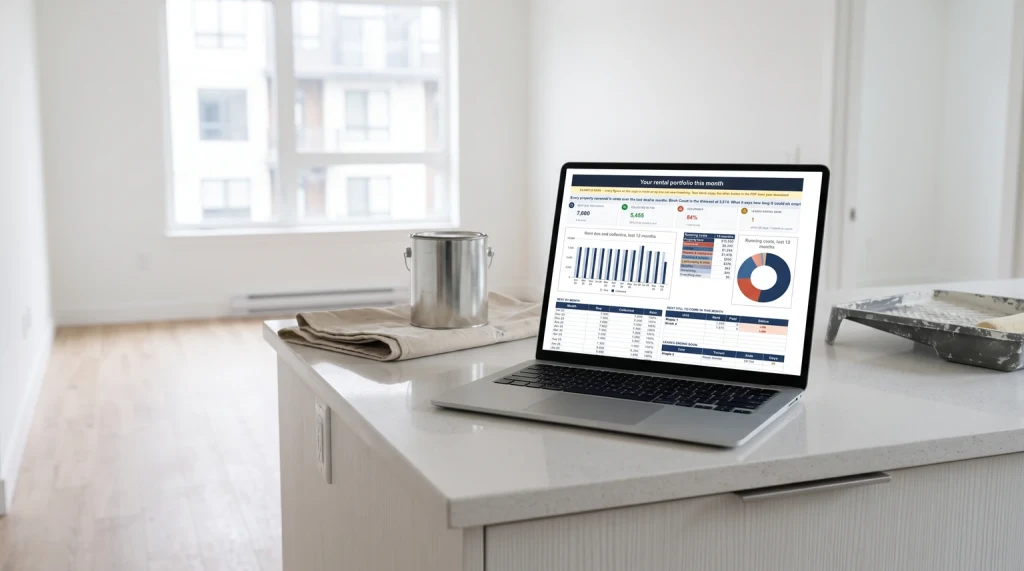 Our Rental Property Manager portfolio dashboard on a laptop in a renovated apartment