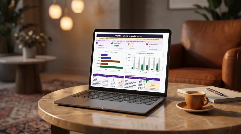 Our Sales CRM & Pipeline dashboard on a laptop in a hotel lobby