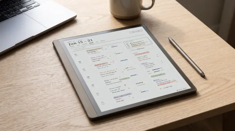 Die Wochenseite von The Planner auf einem Kindle Scribe Colorsoft neben einem Laptop, gesendet über Send to Kindle