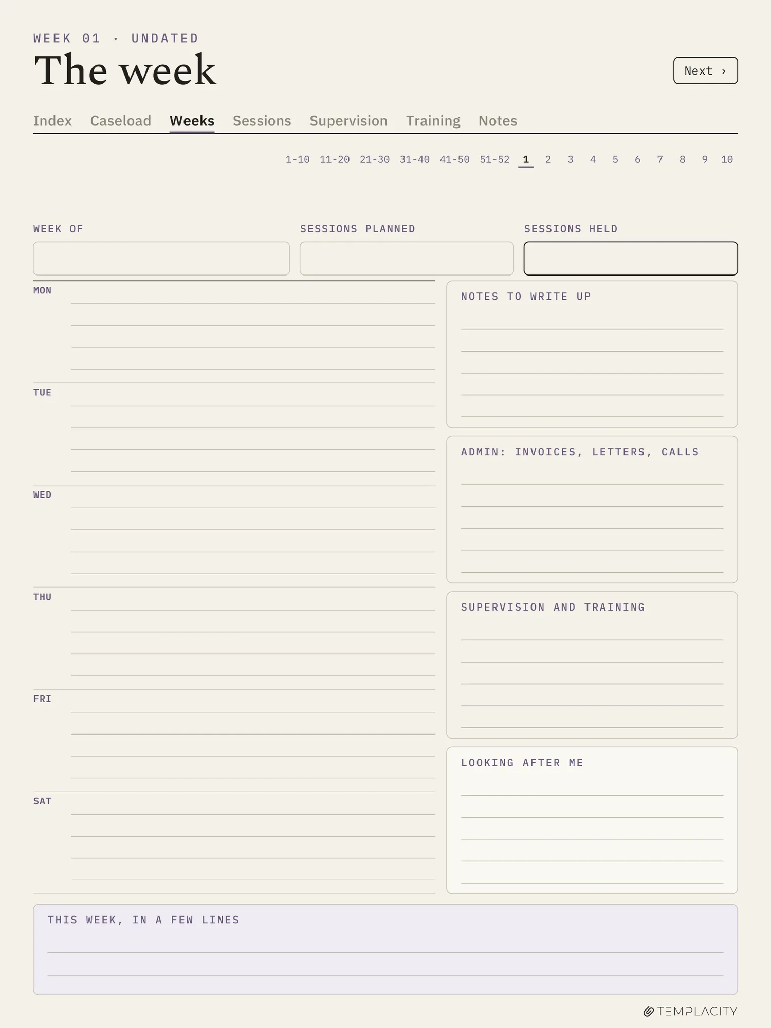 The week page of our Therapist Session Planner: sessions by day as client codes, notes to write, admin, supervision and self-care