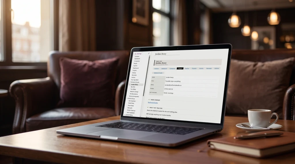 A contact record in our OneNote Client CRM System on a laptop in a hotel lounge