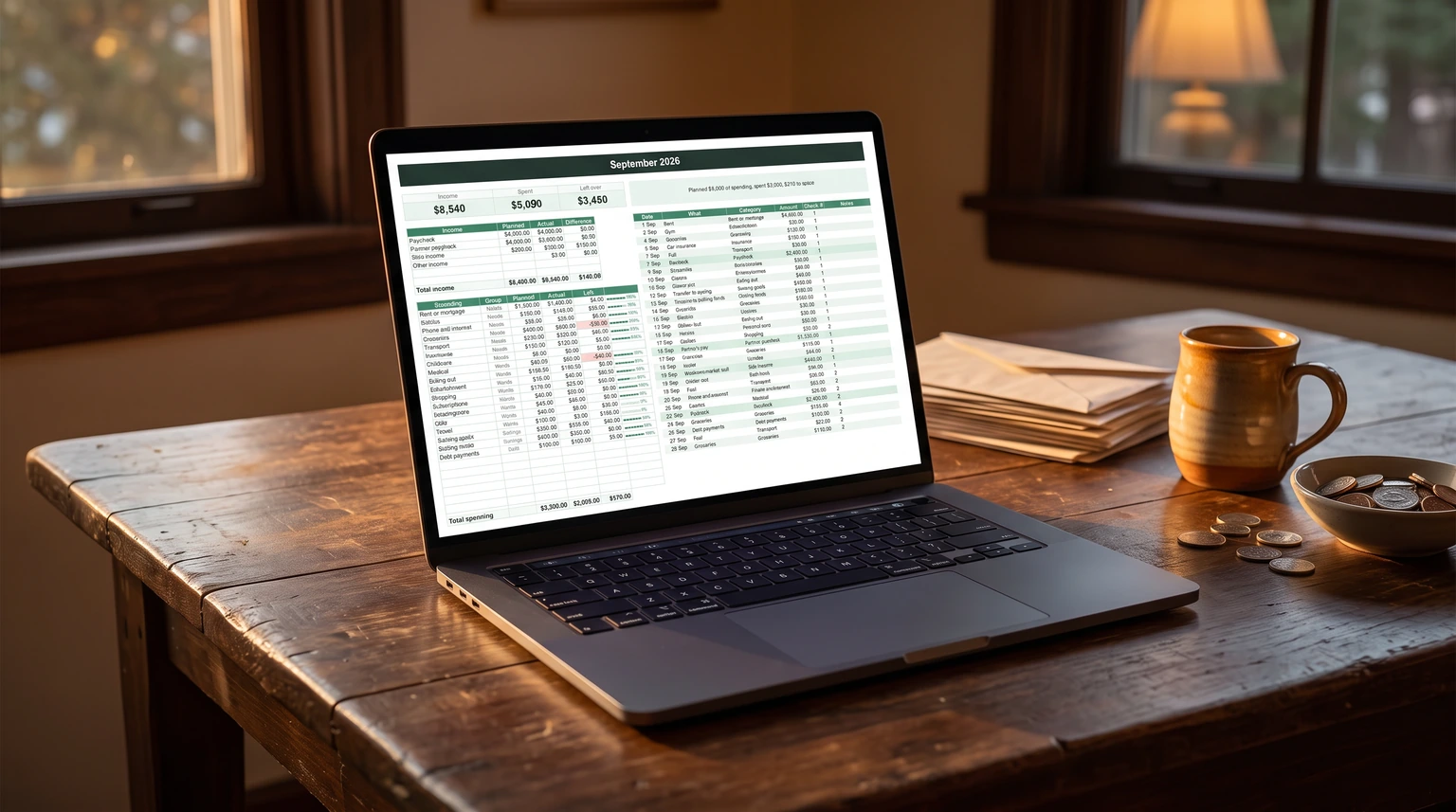 A September month tab of our Budget and Money Planner spreadsheet, plan against actual, on a laptop on a kitchen table